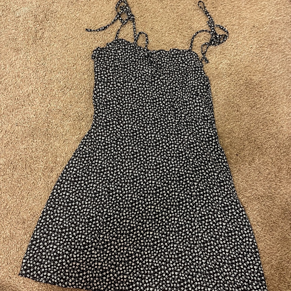 Dress Forum Navy and White Flower Print Mini Dress with Ties